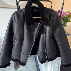 Misguided, leather fur bomber jacket